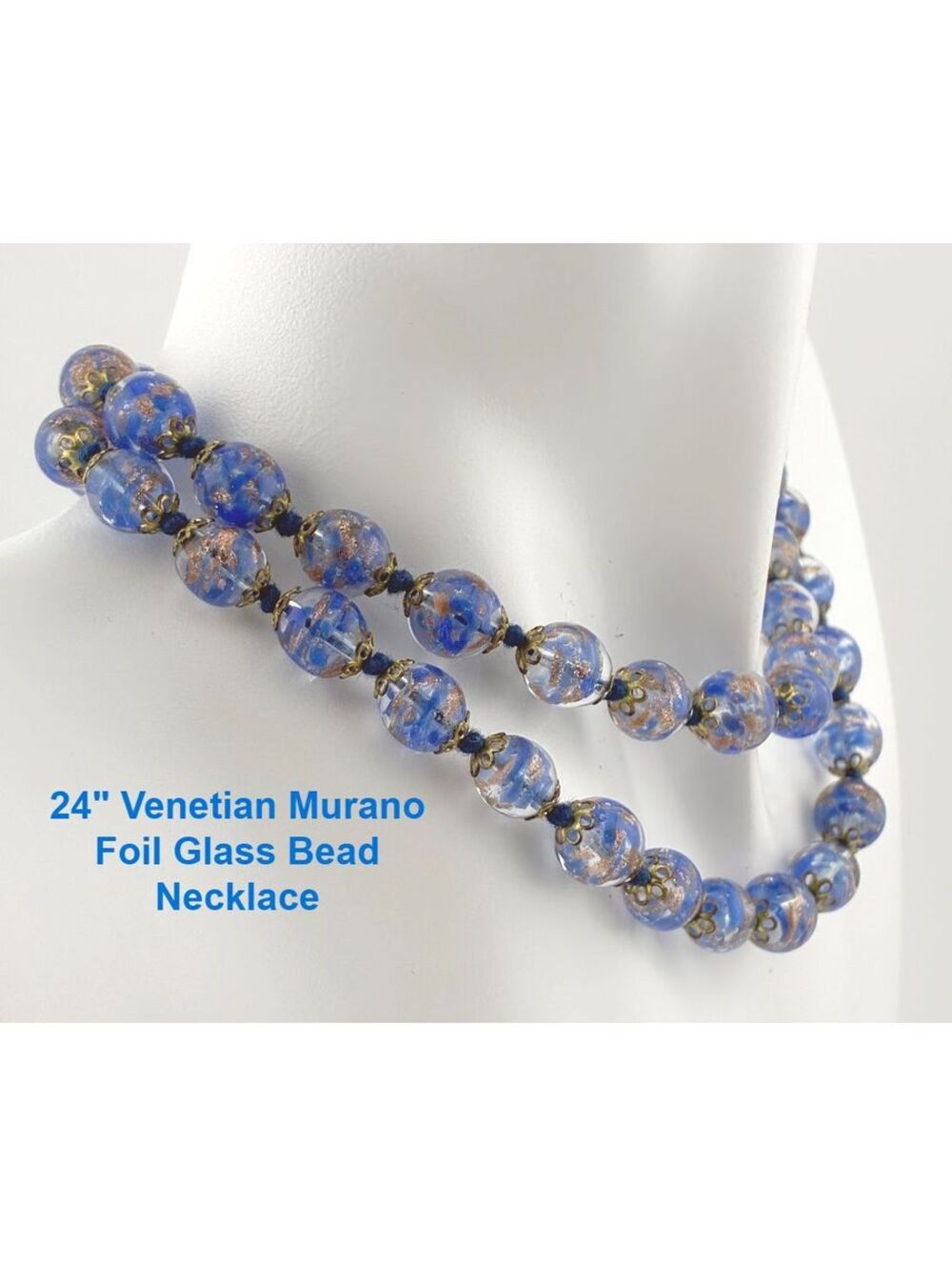 Vintage Blue Venetian Murano Glass Foil Beaded Necklace with Gold Tone Clasp 24"